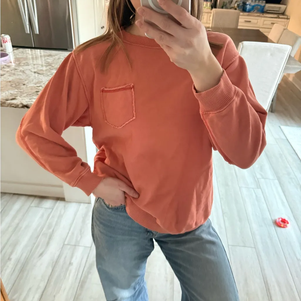 Aerie Women’s Pocket Crewneck Sweatshirt Peach Coral Size S - Image 3