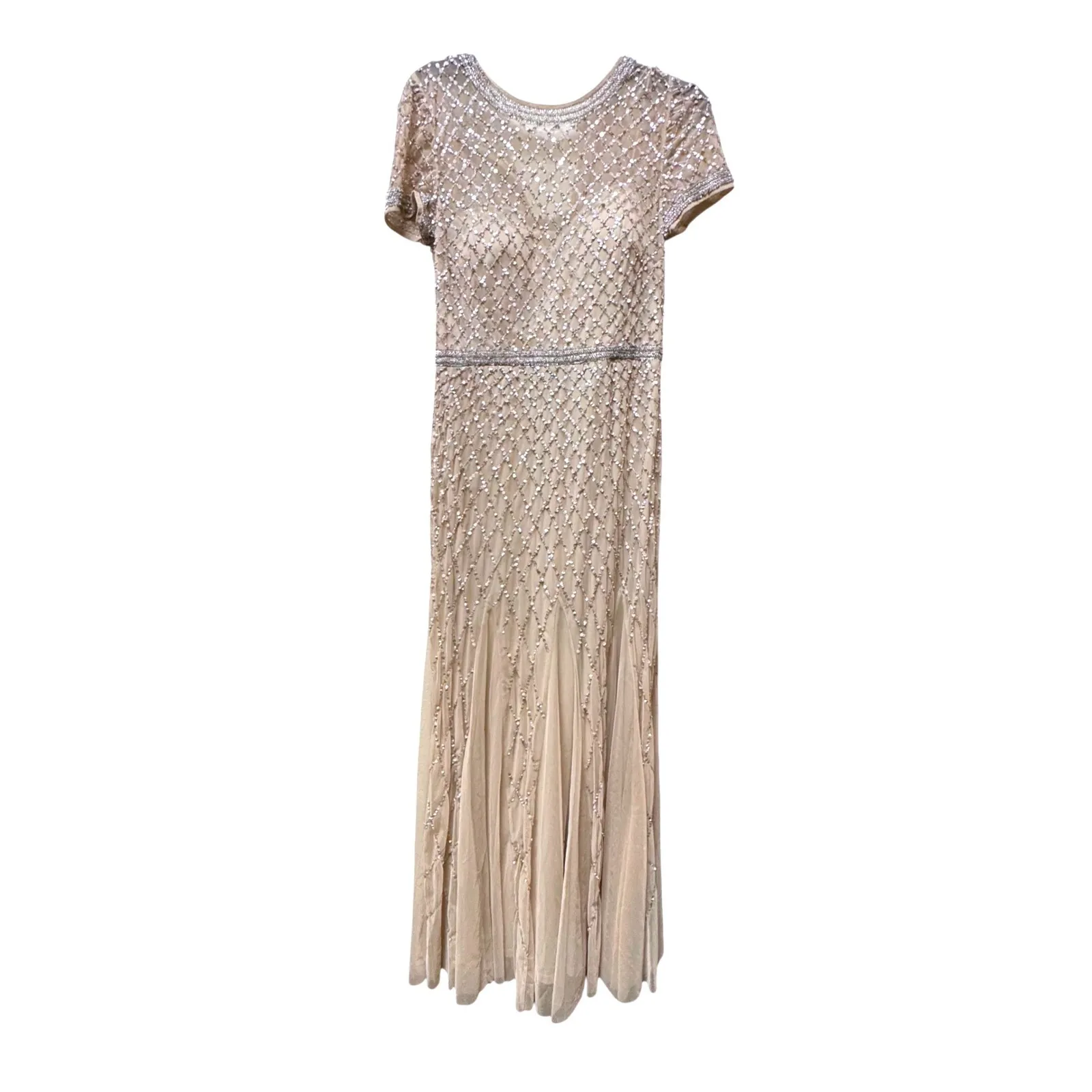 NWT Adrianna Papell Champagne Beaded Mermaid Gown Short Sleeve 10 - Image 5