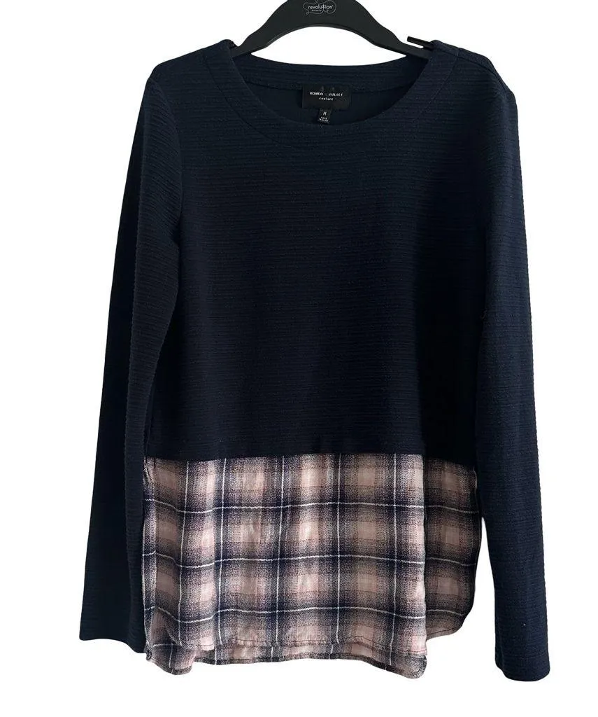 Romeo & Juliet Couture "Peek-A-Boo" Navy Textured Sweater with Plaid Panel - Image 3
