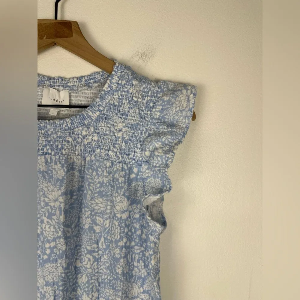 Sundays Light Blue White Floral Smocked Gauze Beachy Shae Dress Women’s Sz S - Image 4
