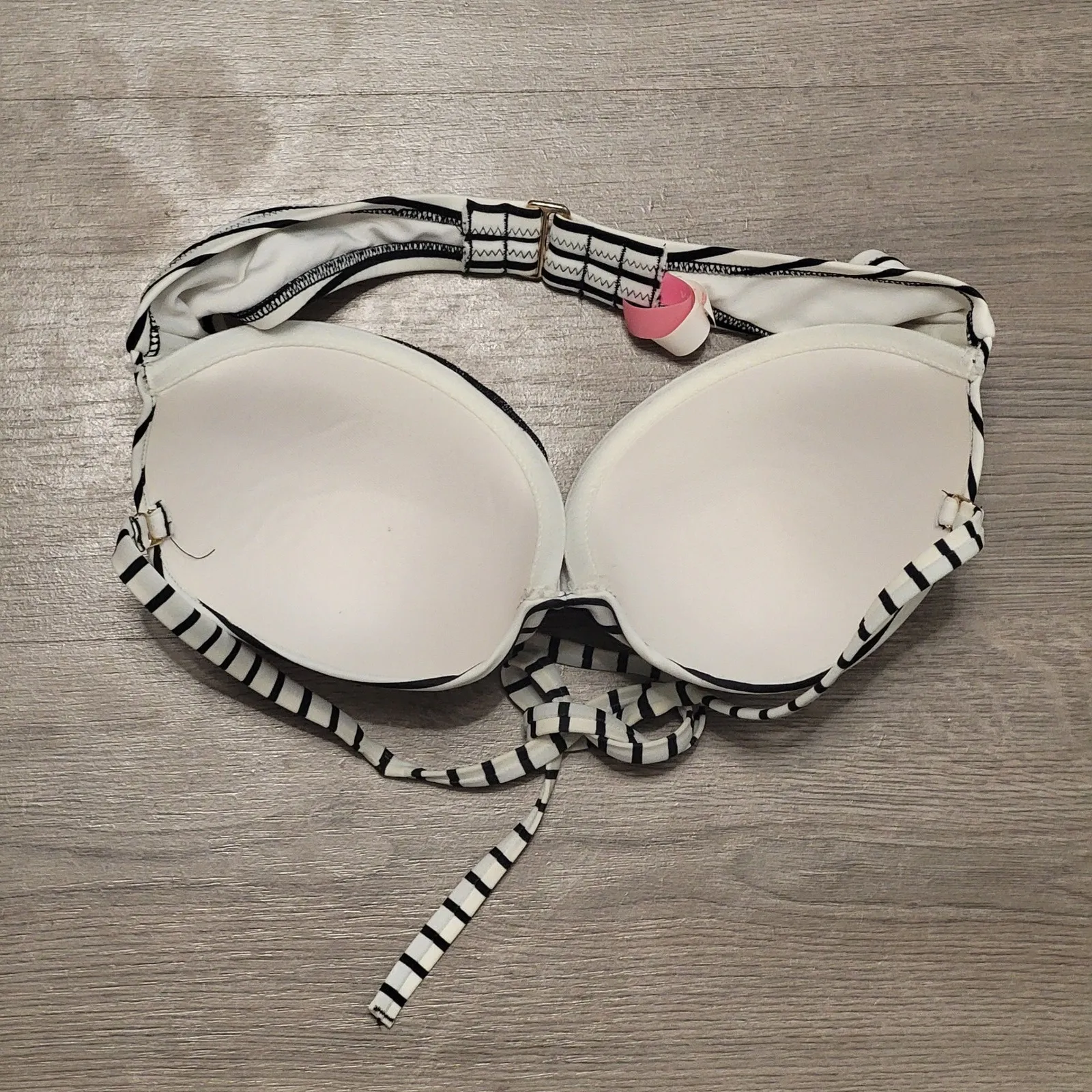 VICTORIAS SECRET Y2K Black White Stripe Halter Bandeau Bikini Top PushUp Bra 34D - Image 5