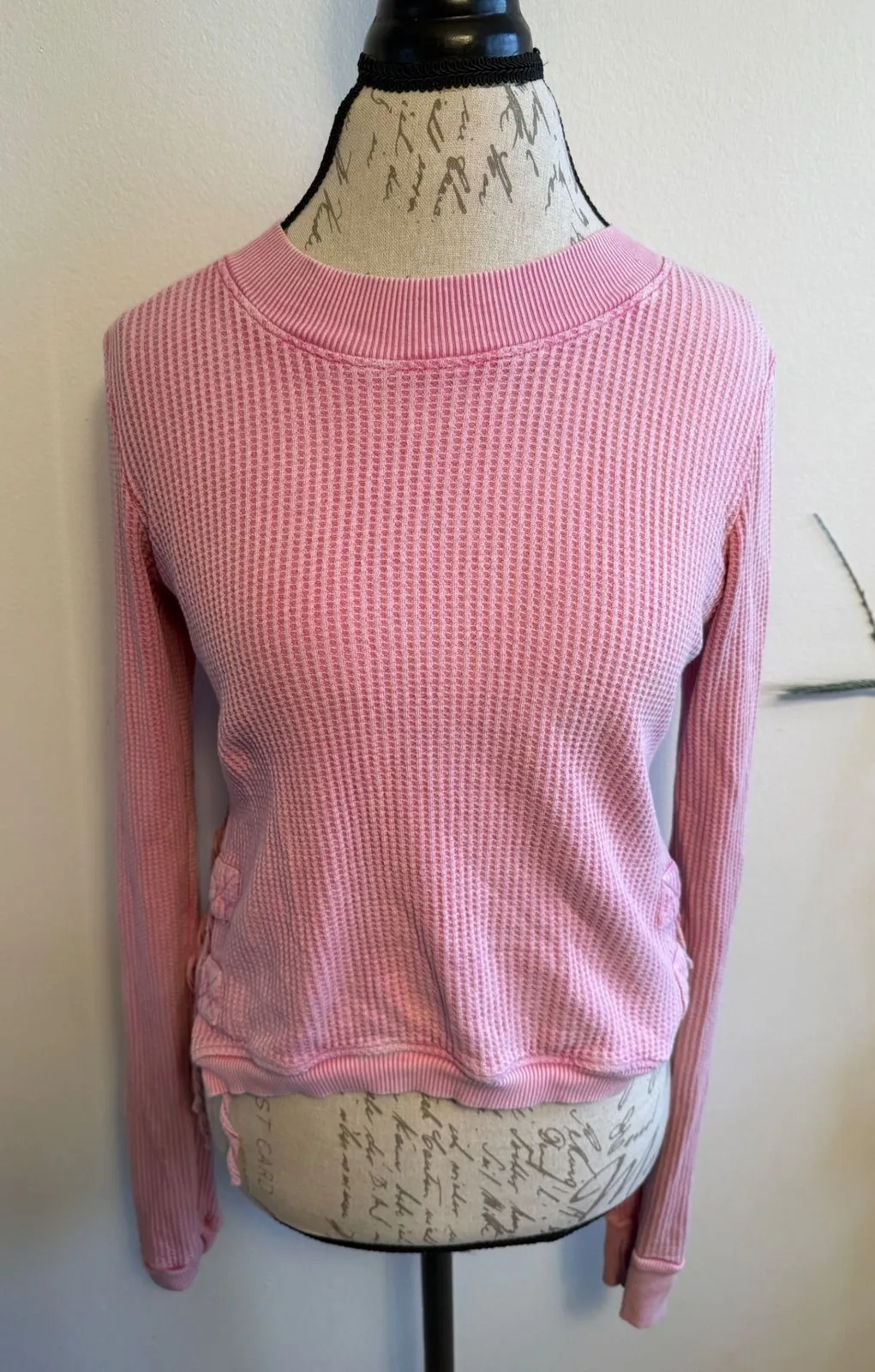 FP One Pink Waffle Knit Long Sleeve Top with Side Ties Size S - Image 1