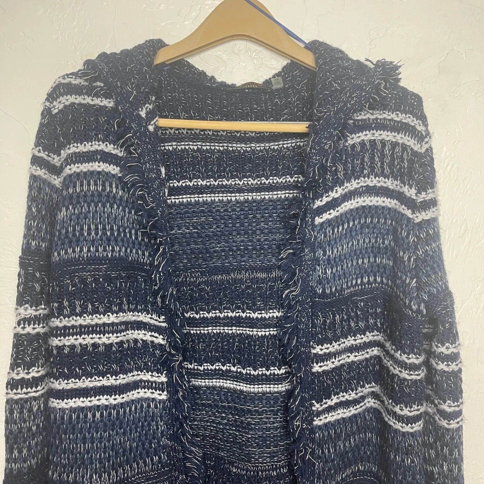 Fylo London Size Small Hooded Sweater Cardigan Open Front Fringe Blue - Image 6