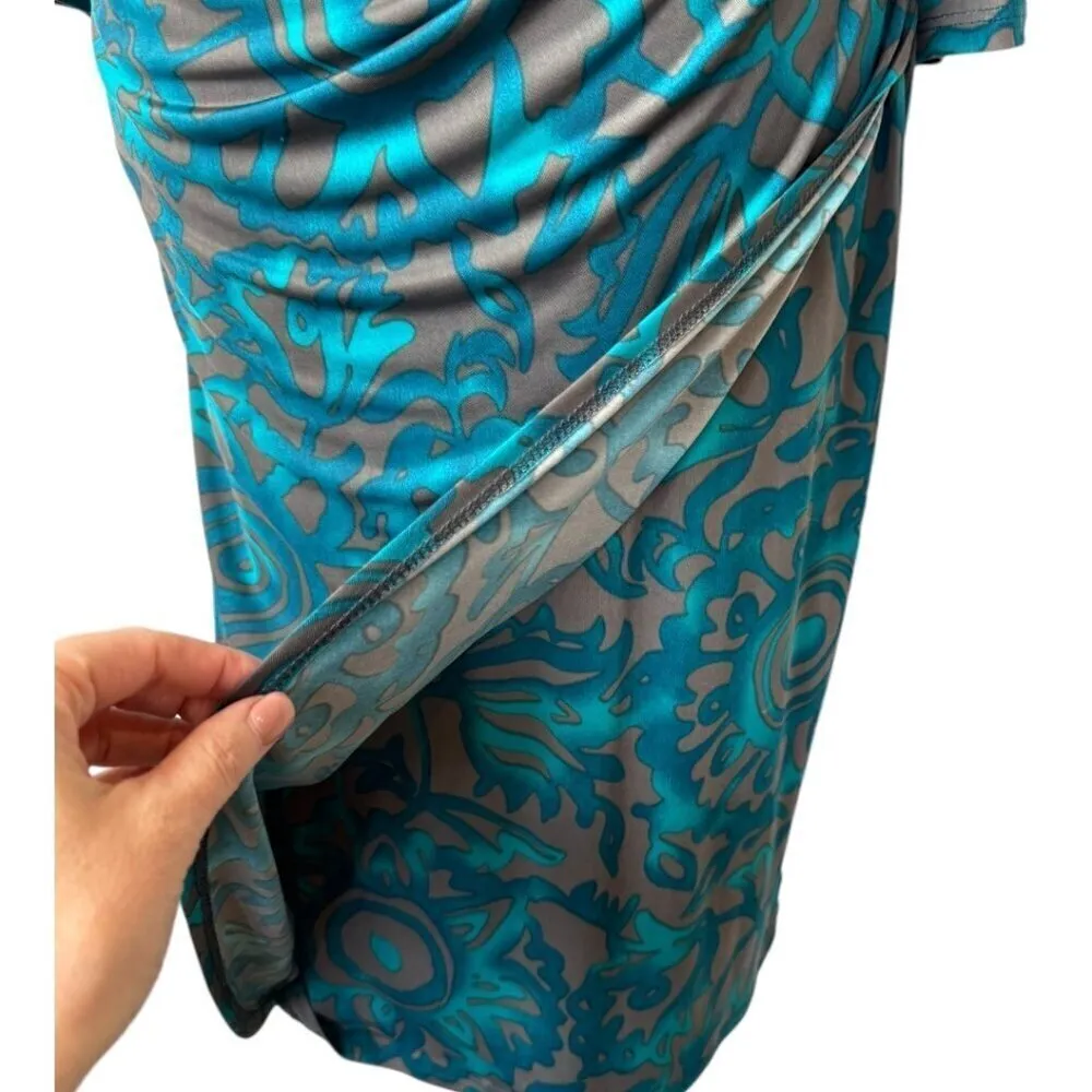 Clara Sun Woo Dress Womens Medium Teal Jersey Knit Faux Wrap Draped Sheath‎ Blue - Image 6