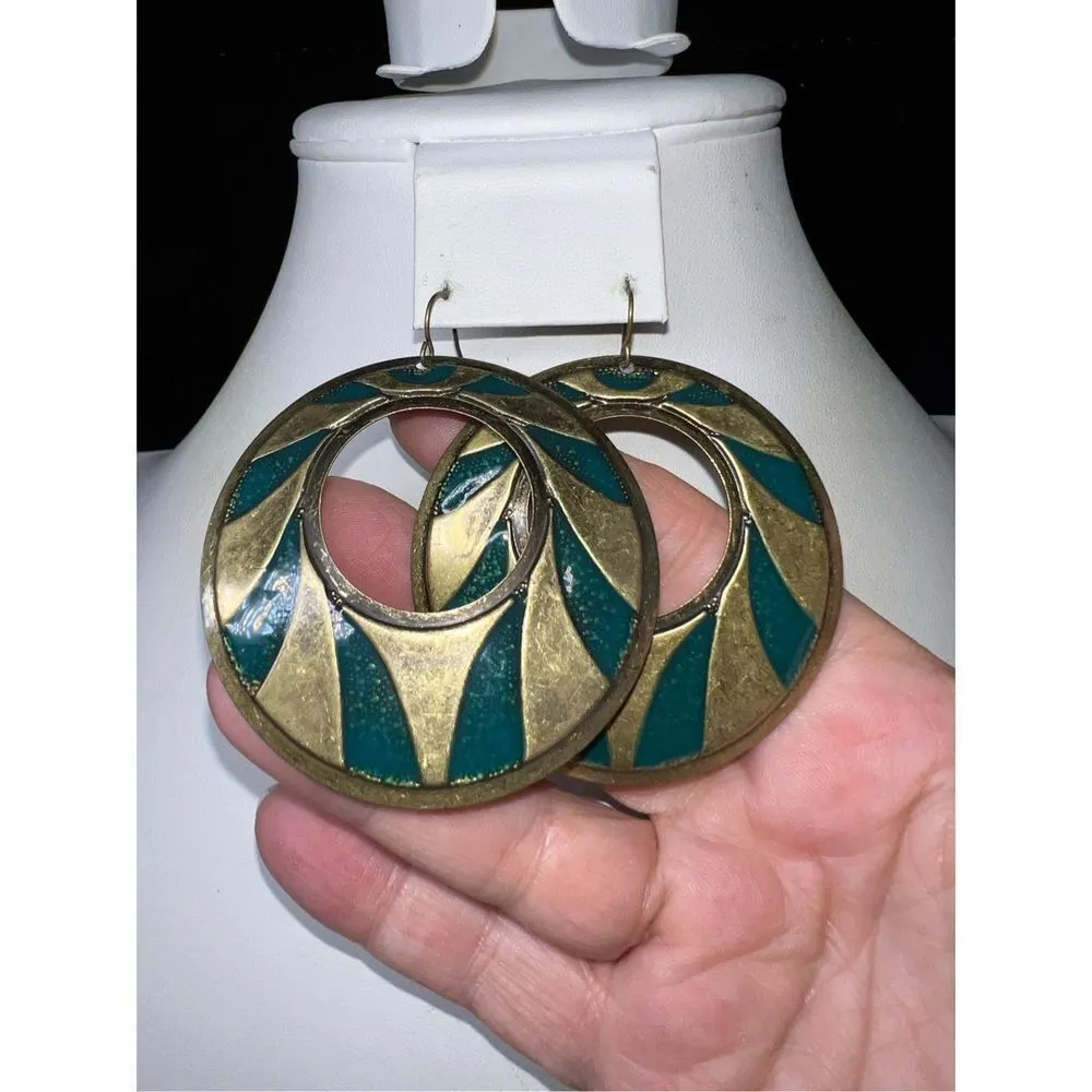 Vintage Brass and Enamel Dangle Hoop Earrings Gold - Image 3