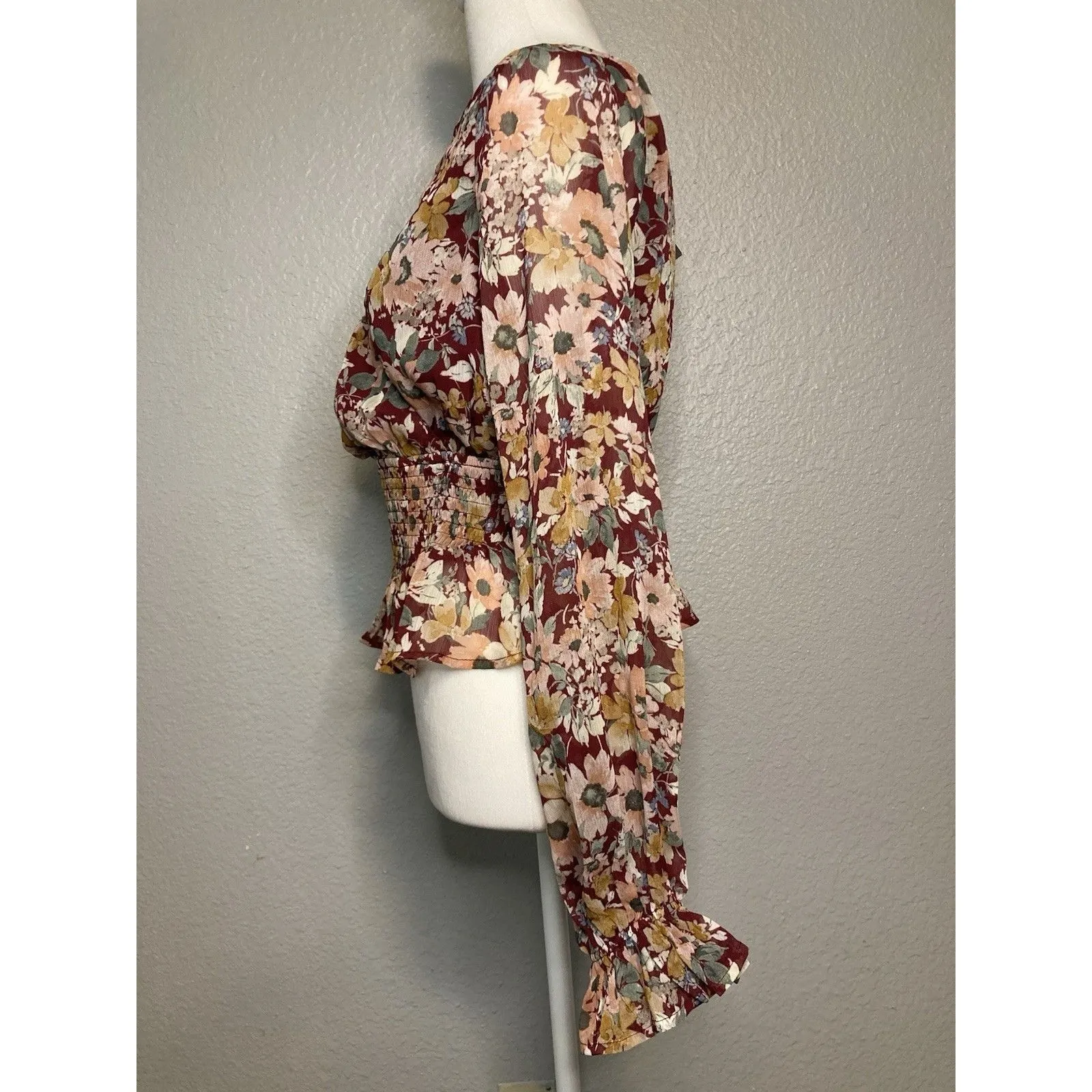 Fairy Floral Top Blouse Balloon Puffed Sleeve Smocked Waist Ruffles Womens M NEW - Image 4