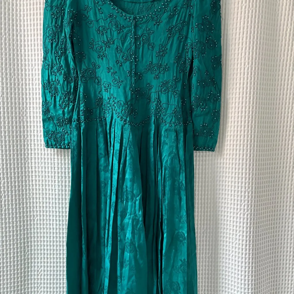 Vtg Marie St. Claire 1980s teal rayon beaded drop - Image 2