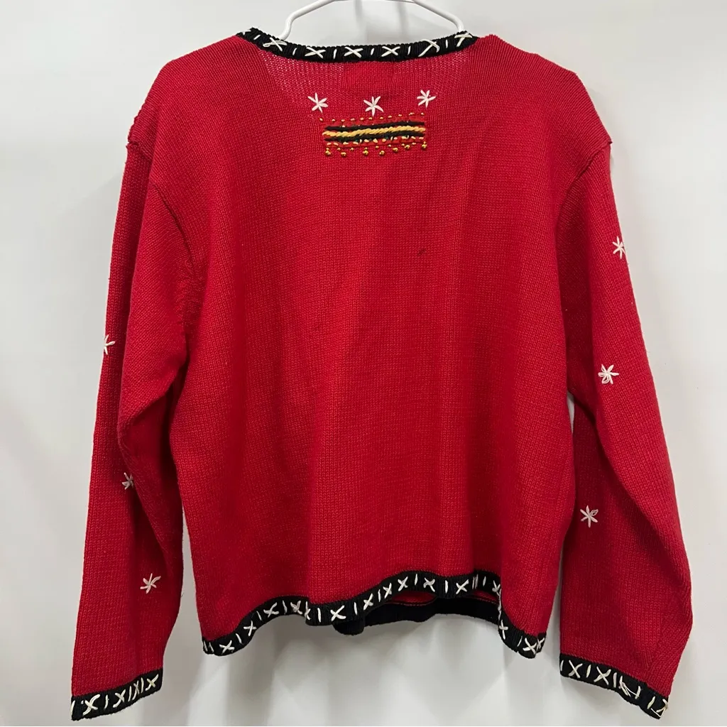 Vintage embroidery pom pom button up Red cardigan beaded Sweater size L FLAWS Size L - Image 11