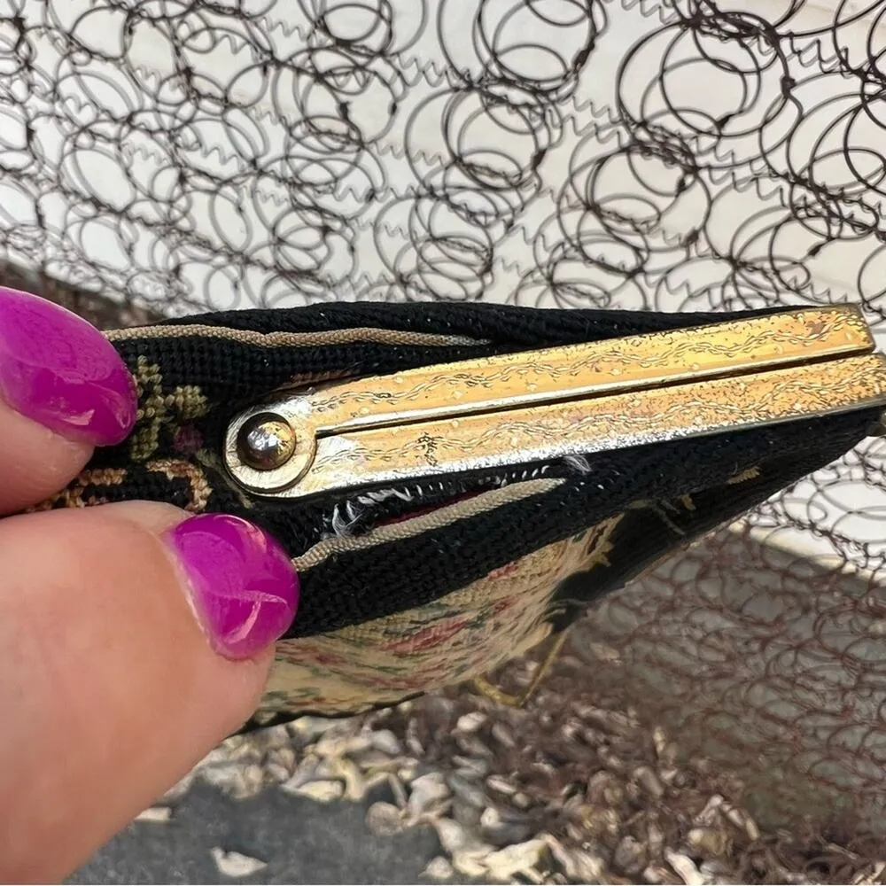 Vintage Jolles Austria Purse Petit Point Embroidered Floral 1930s Tapestry Black - Image 2