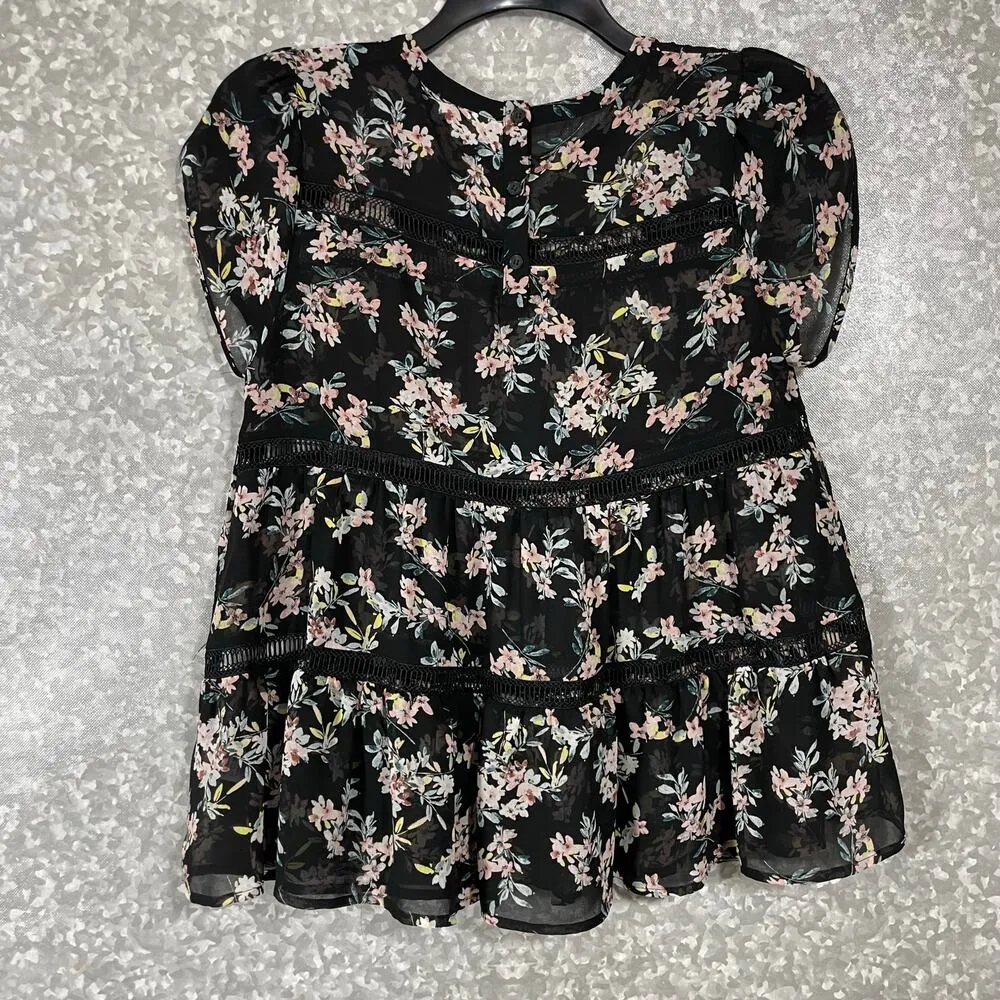 RO&DE Women's Black & Pink Floral Boho Tiered Blouse - Size Small - Crochet Lace - Image 7
