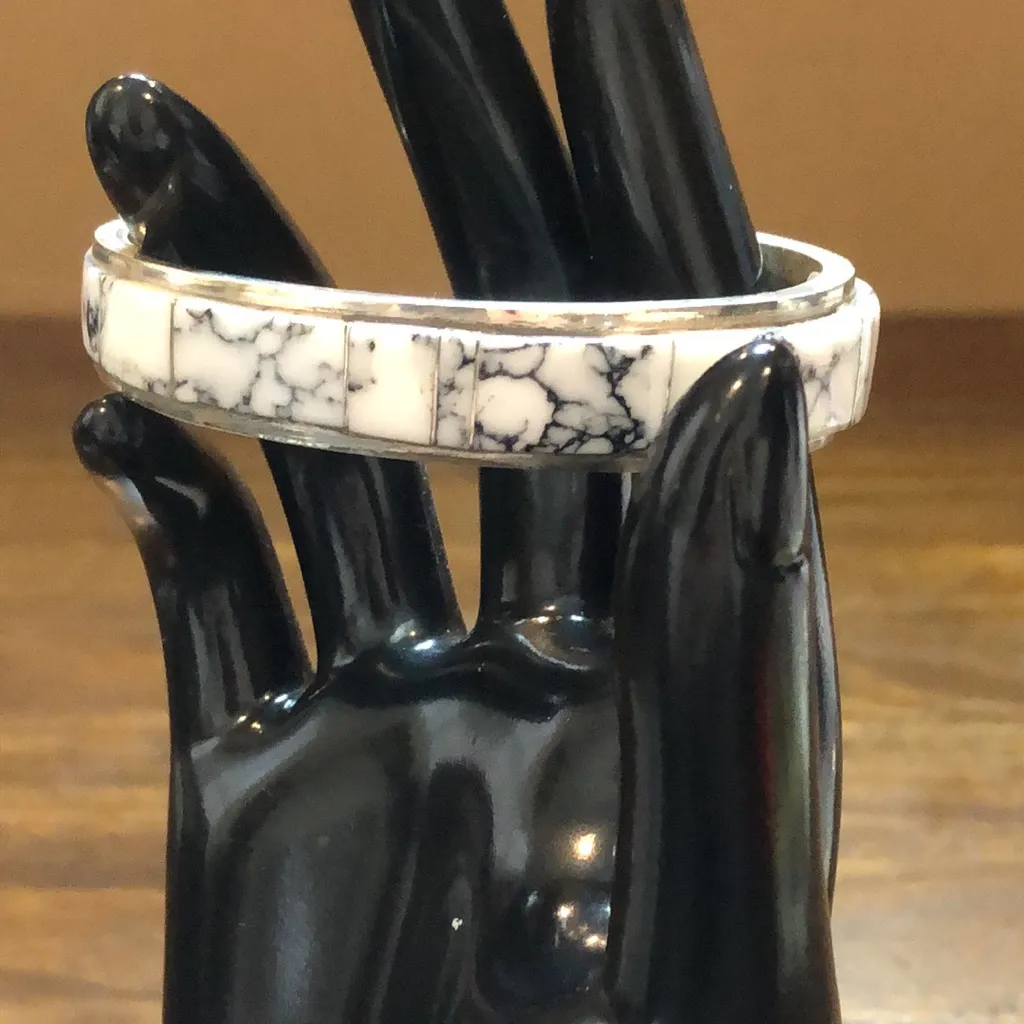 WHITE BUFFALO Sterling Silver Mosaic Inlay Navajo Native American Tapered Cuff - Image 15