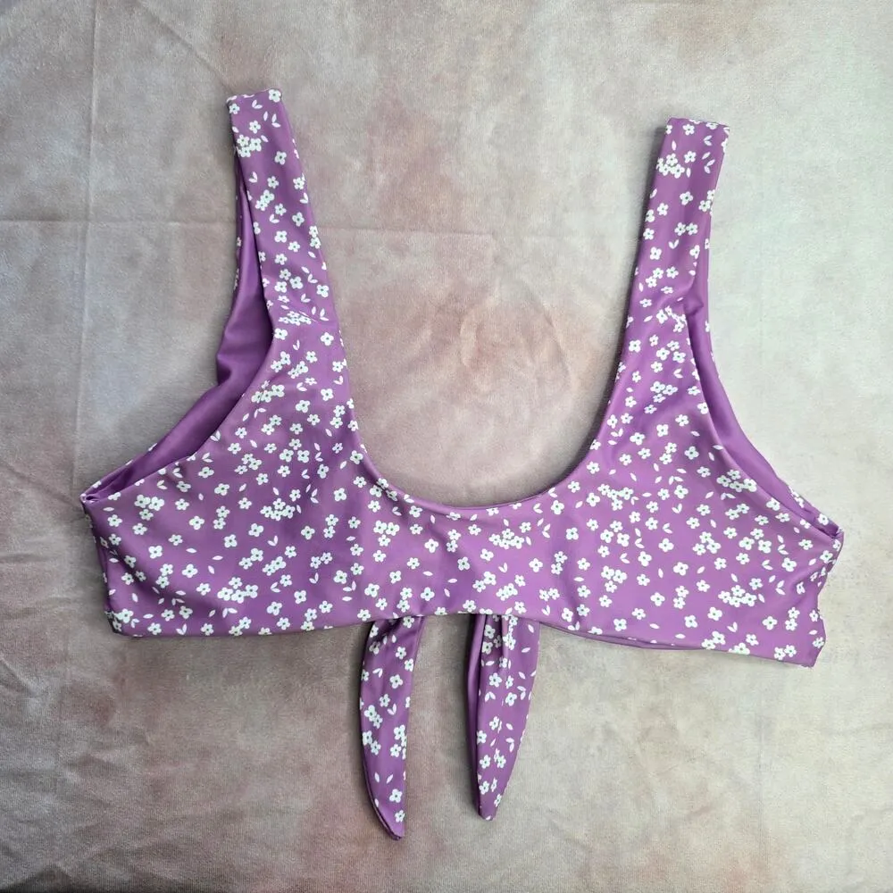 Purple White Floral Tie Front Padded Bikini Top Swimwear Medium - Image 8