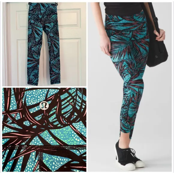 Women's Lululemon High Times 7/8 Leggings Size 4 Blue Palm Lace Tofino Green - Image 2