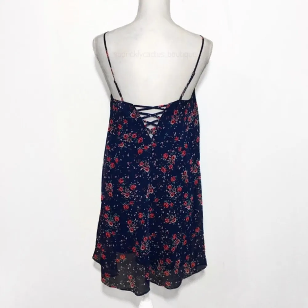NWOT  Navy Blue Floral Chiffon Cami Dress Mini Tunic Tank New Strappy - Image 2