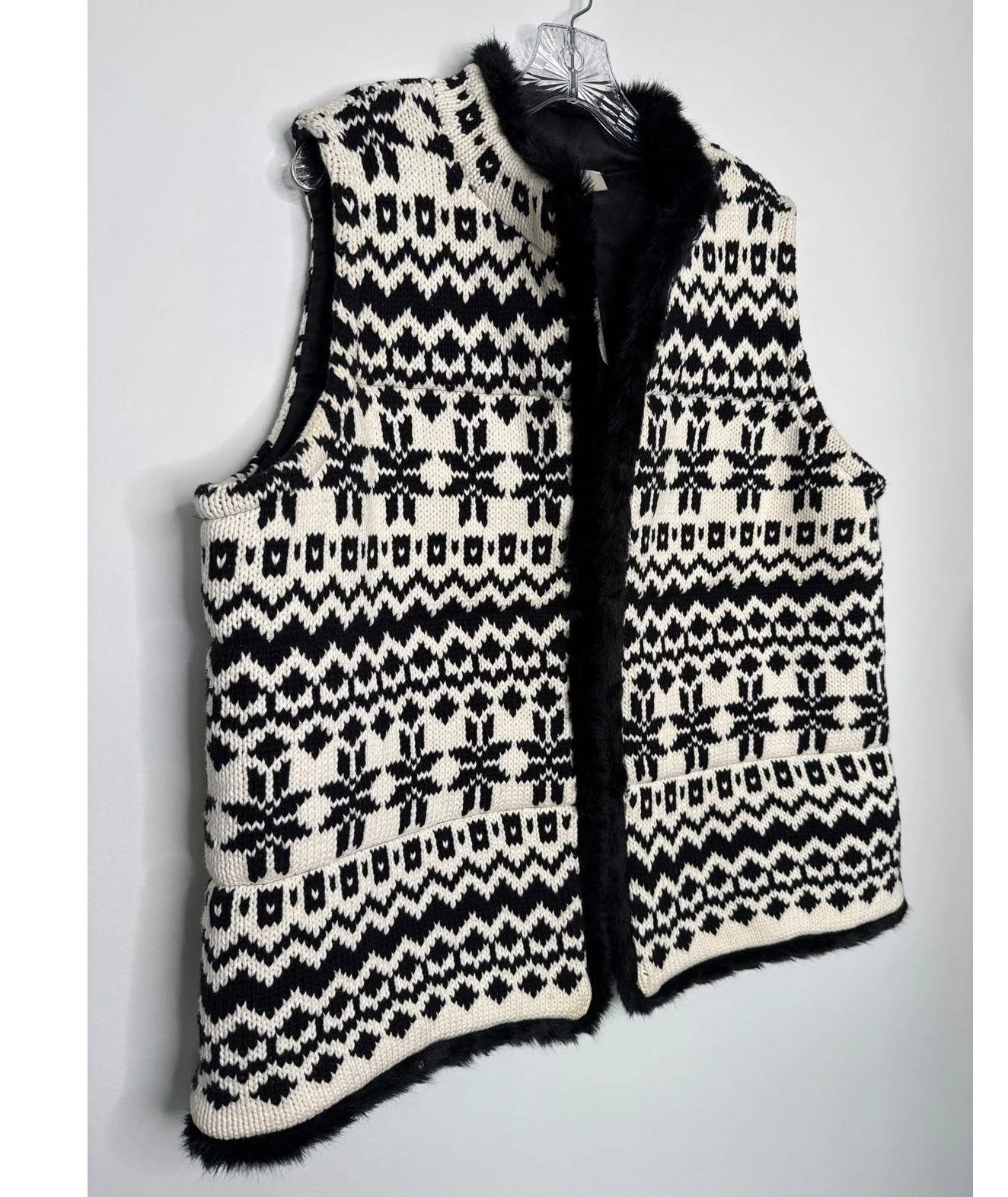 NWT Talbots Black White Knit Faux Fur Trim open front Vest fair Isle 2X - Image 5