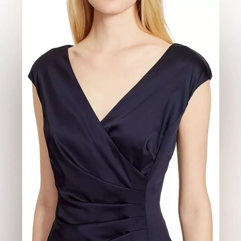 Lauren Ralph Lauren Satin Navy Dress $175 Sz 2 Surplice Short Cap Sleeve - Image 2