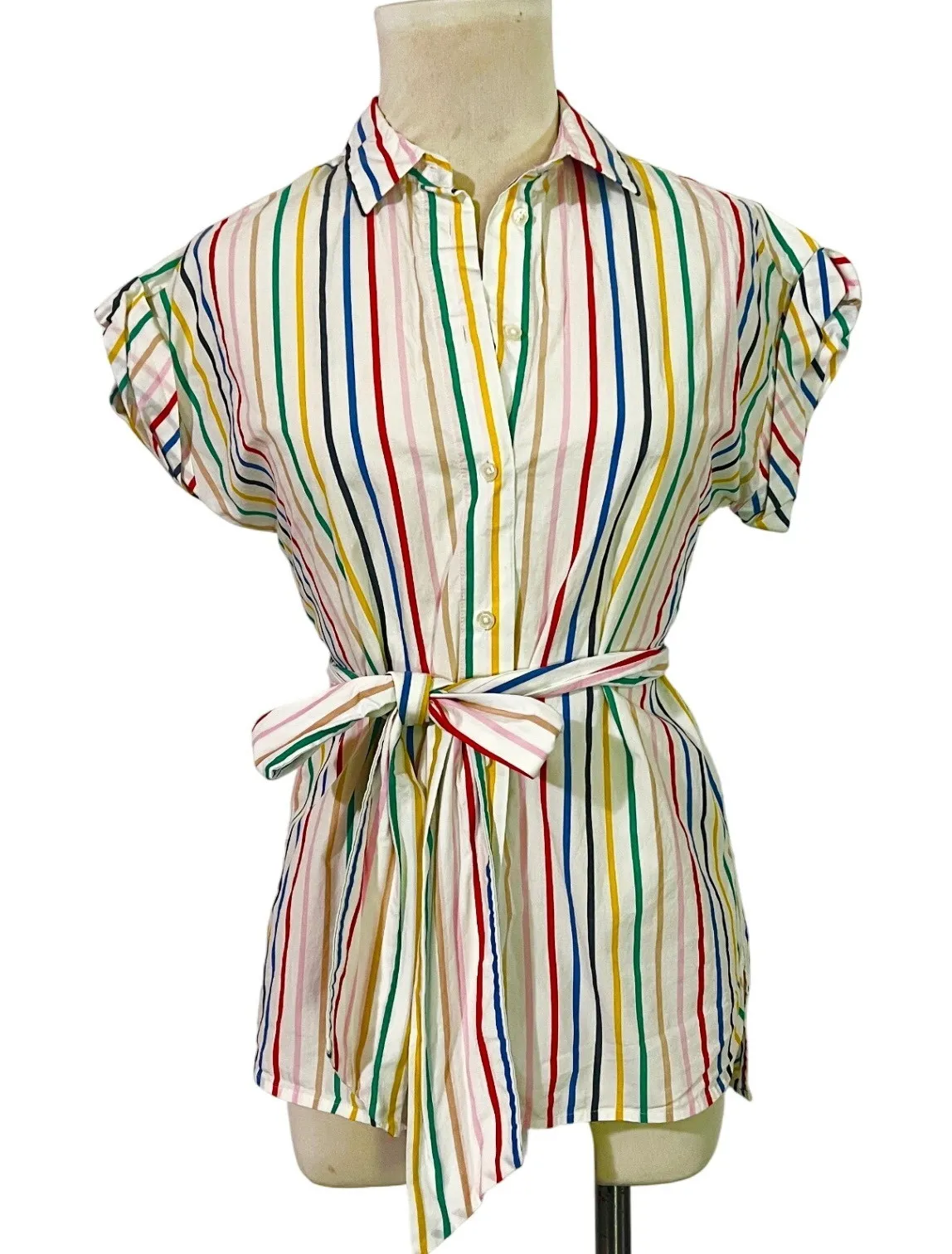 J.Crew Striped Shirt Women's XS Multicolor Belted Cap Sleeve Cotton Casual White - Image 1