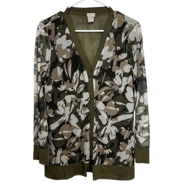 Chicos Women's Sz 1 Floral Sheer‎ Cardigan Cover Up Olive Green Button Front Med - Image 2