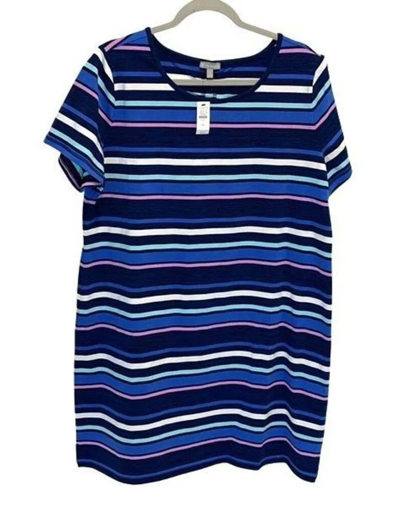 Talbots Womens Stripe Ruched Drawstring Back T-Shirt Dress Blue Pink Size 1X NWT - Image 2