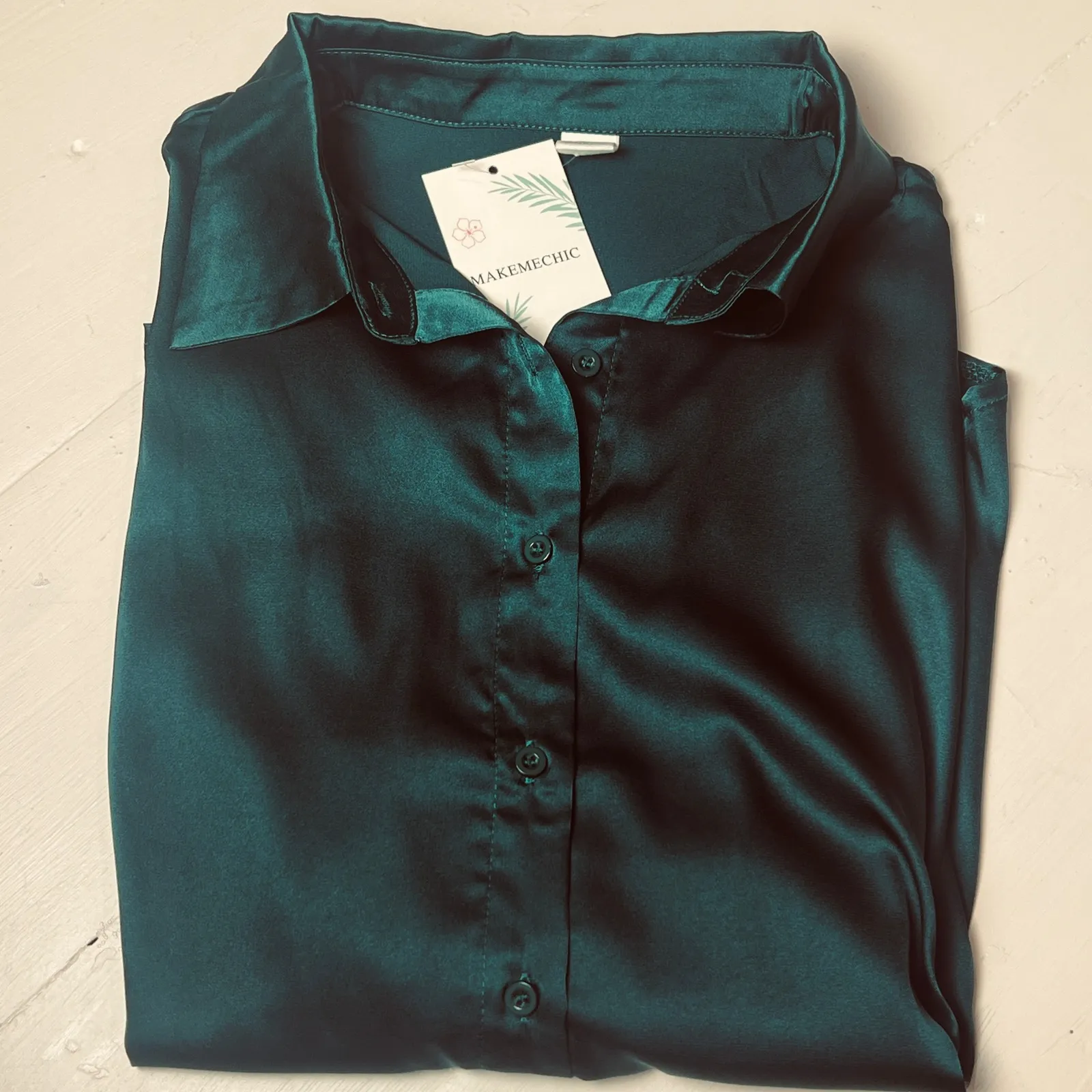 MakeMeChic Women's S Satin Silk Long Sleeve Blouse Button Down Shirt Casual Top Green - Image 4