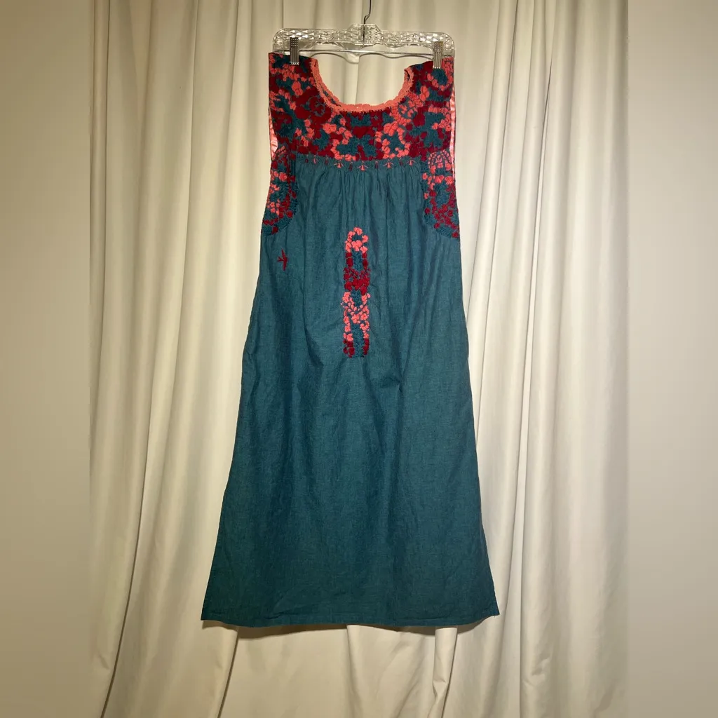 Mi Golondrina Hand Embroidered Chambray Dress | S Blue - Image 2