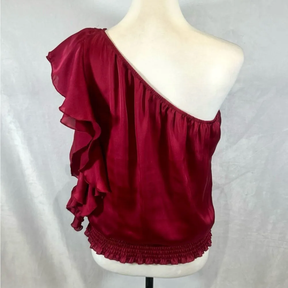 One shoulder satin ruffle fuchsia smocked blouse top size medium - Image 2
