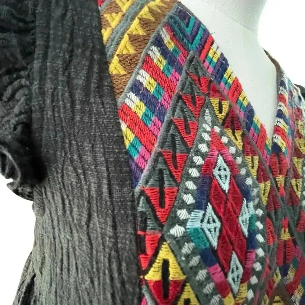 THML Women Small Dress Black Cotton Rayon‎ Embroidery Flutter Aztec Western SW - Image 2