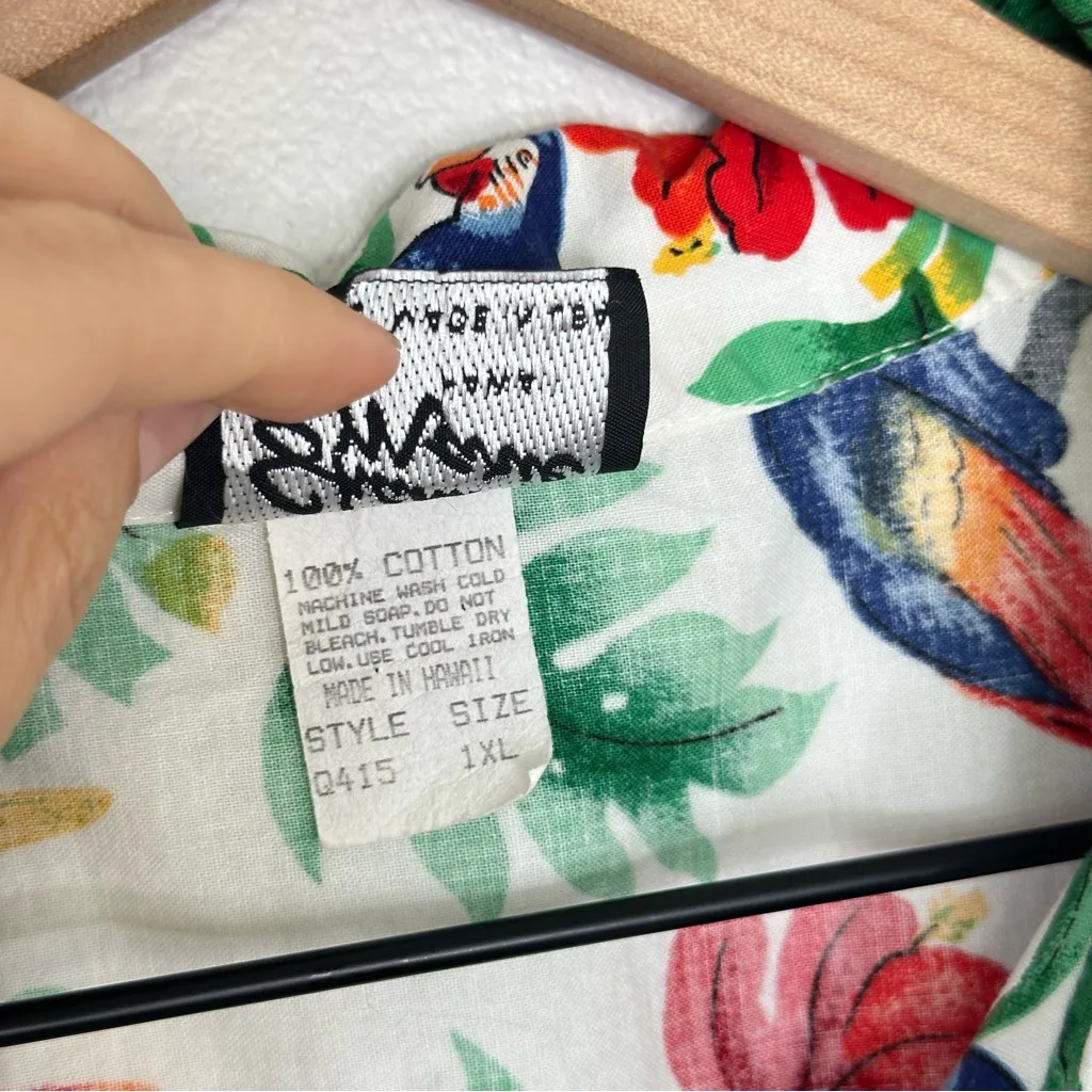 Vintage 90s Shannon Marie Hawaiian Shirt Sz 1XL 100% Cotton USA Made Parrots Red - Image 7