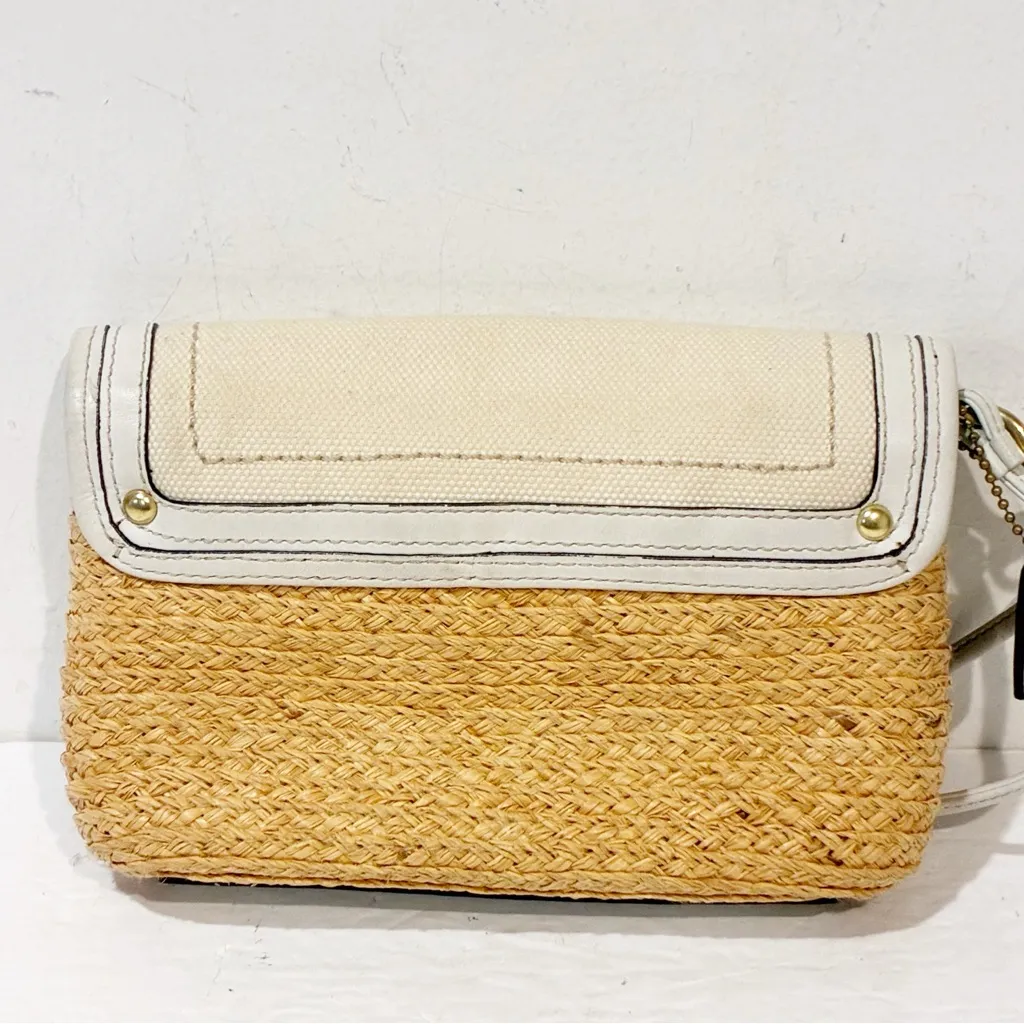 Coach Straw Raffia Summertime White Gold Leather Turn Buckle Wristlet Clutch - Image 7