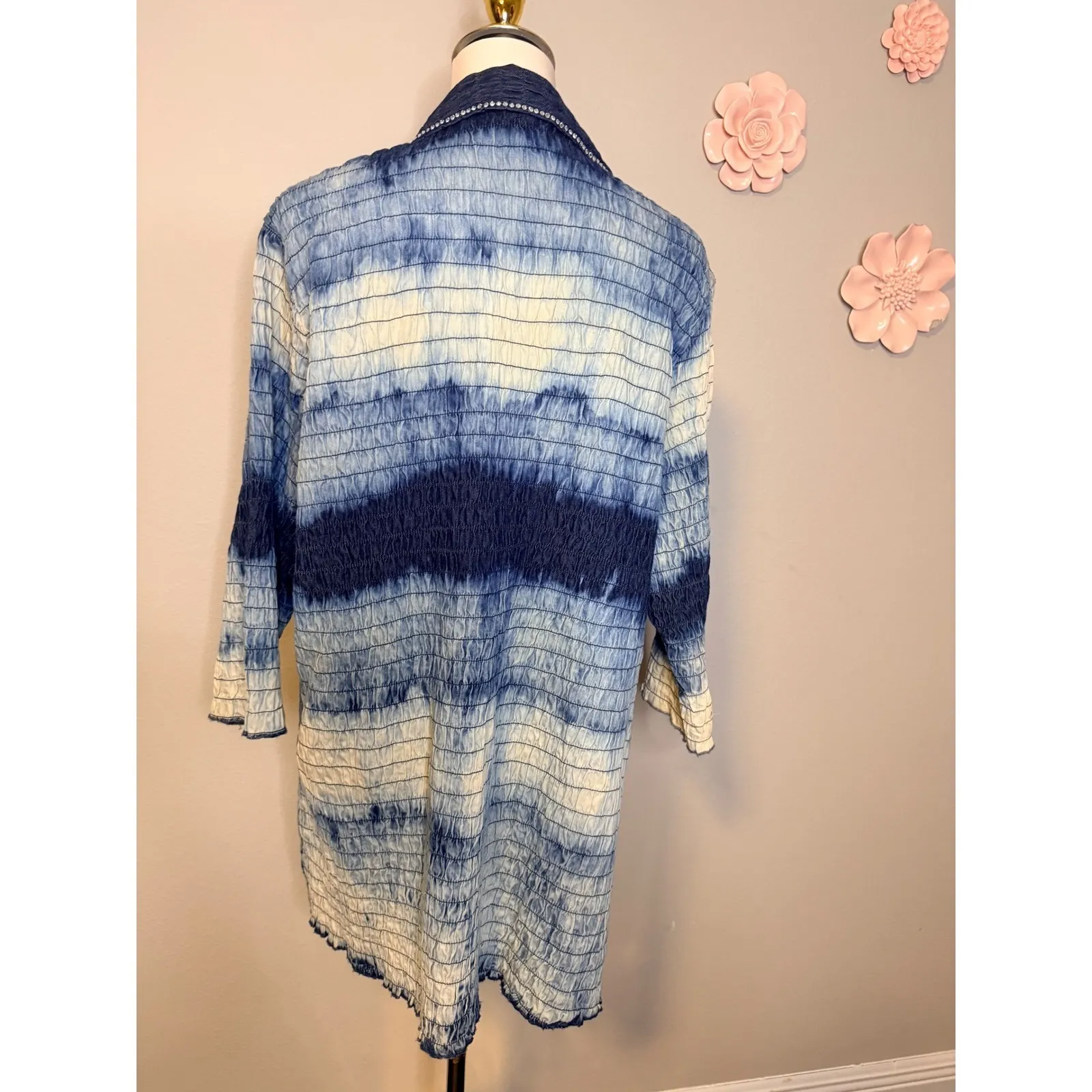 Bleu Bayou Womens Blue Striped Open Front Cardigan Jacket Top 3/4Slv embellished Size L - Image 3