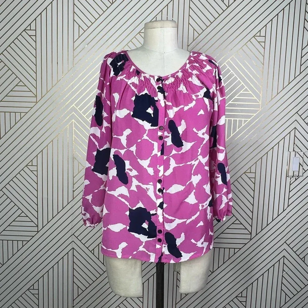 Yumi Kim Isi Fuschia‎ Petal Smocked Button Front Printed Blouse Print Size US XS - Image 3