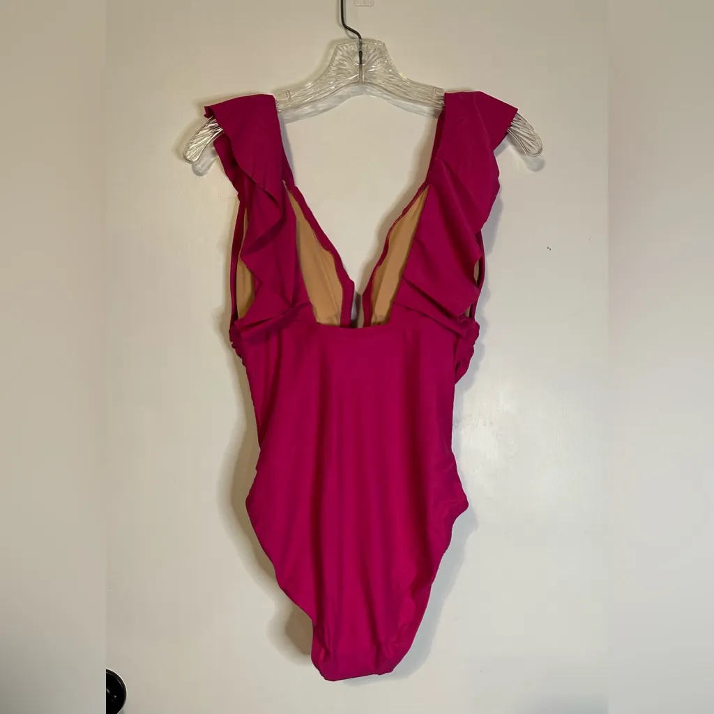 J‎ Crew Swimsuit Women’s Size 8 Ruched Ruffle One-Piece Pink Fuchsia V Neck New - Image 3