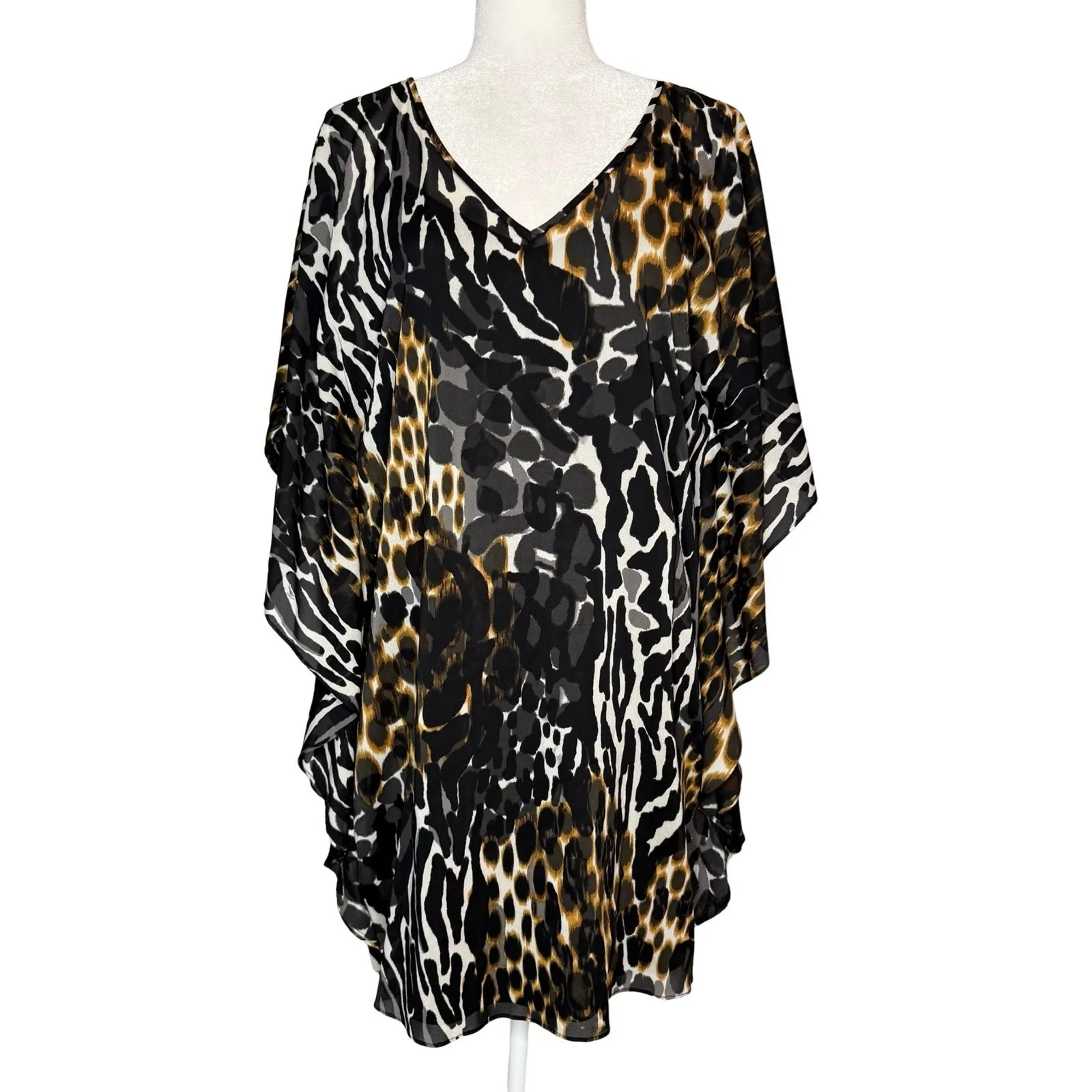 Trina Turk Georgette Dress Silk Leopard Kaftan Tunic M Two Piece Dolman Sleeve - Image 4