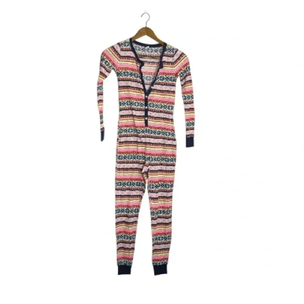 Old Navy Multicolored Patterned Holiday Winter Waffle-Knit One-Piece Pajamas - Image 3