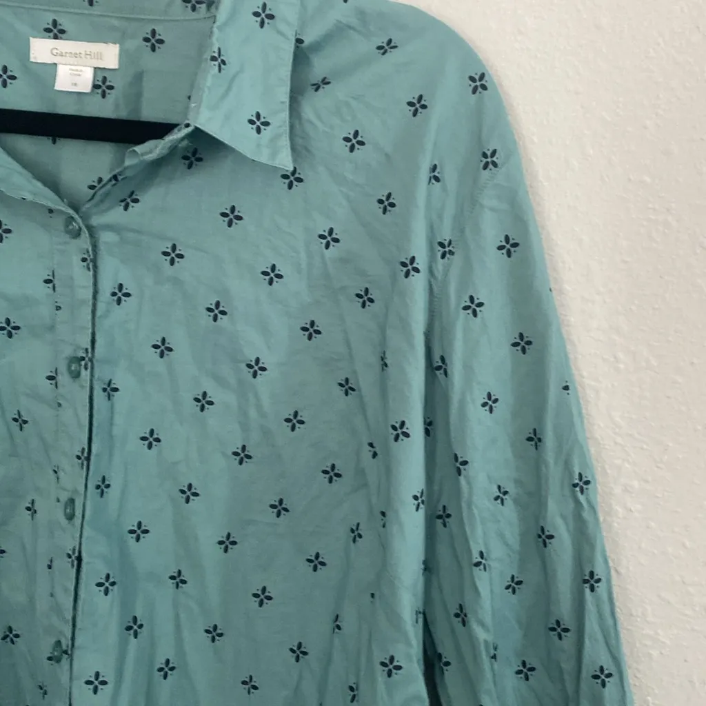 Garnet Hill Cotton Blue Patterned Casual Button Down | Size 16 - Image 2