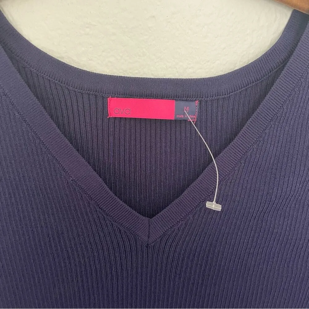 Navy Ribbed Fitted Sweater Bell Sleeves NWOT - Image 3