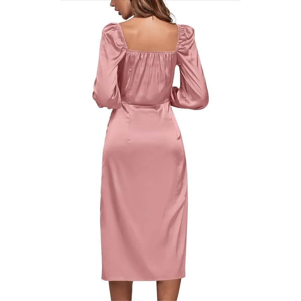 NEW Satin Drape Cowl Neck Bishop High Waist Midi Dress L Pink Size L - Image 2