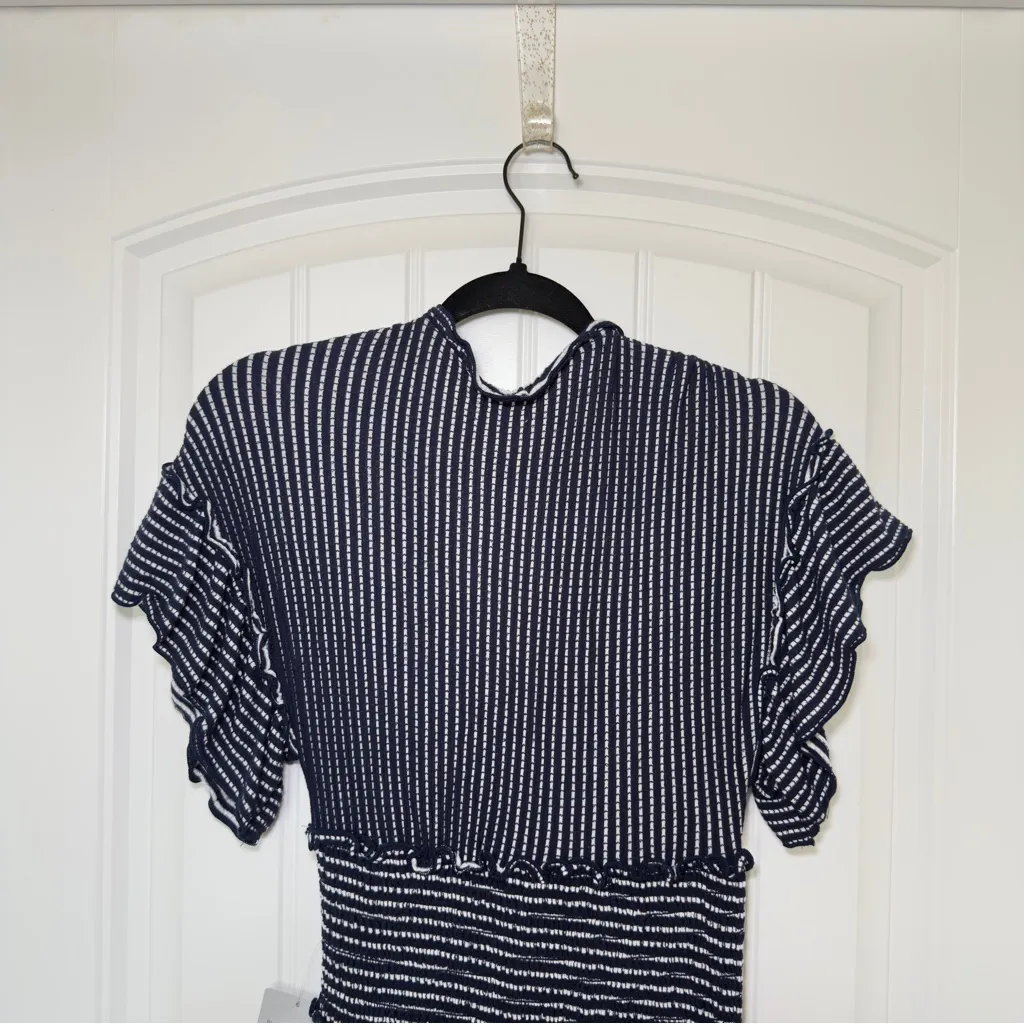 Max Studio Small Navy White V Neck Jersey Smocked Waist Tiered Stripe Dress NWT - Image 6