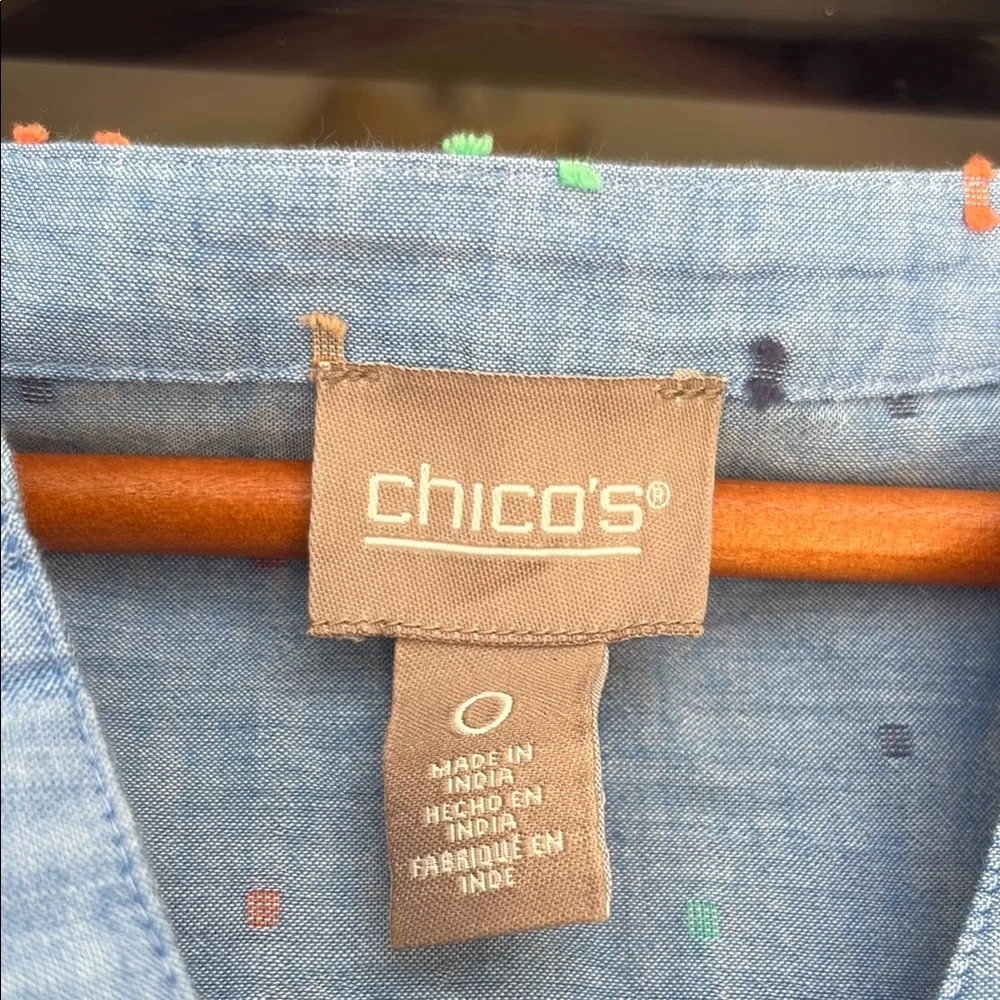 Chico's Blue Boxy Blouse with Cuffed Sleeves and Mandarin Collar - Image 2