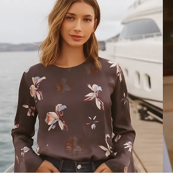 Banana Republic Blouse Grey Floral Lined Long Flared at Cuff Sleeves Large Tall - Image 12