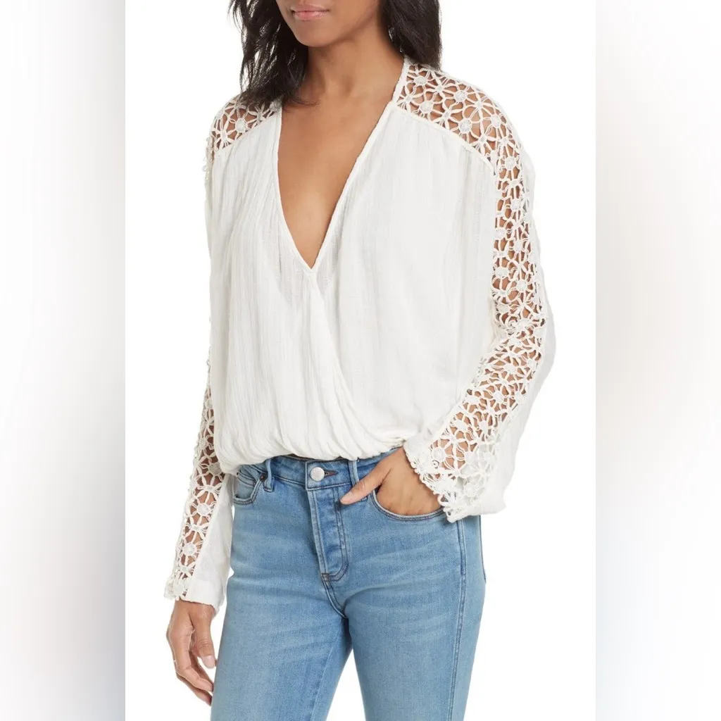 Free People Runaway Crochet Long Sleeve Billowy Gauze Deep V Cottagecore Top L - Image 9
