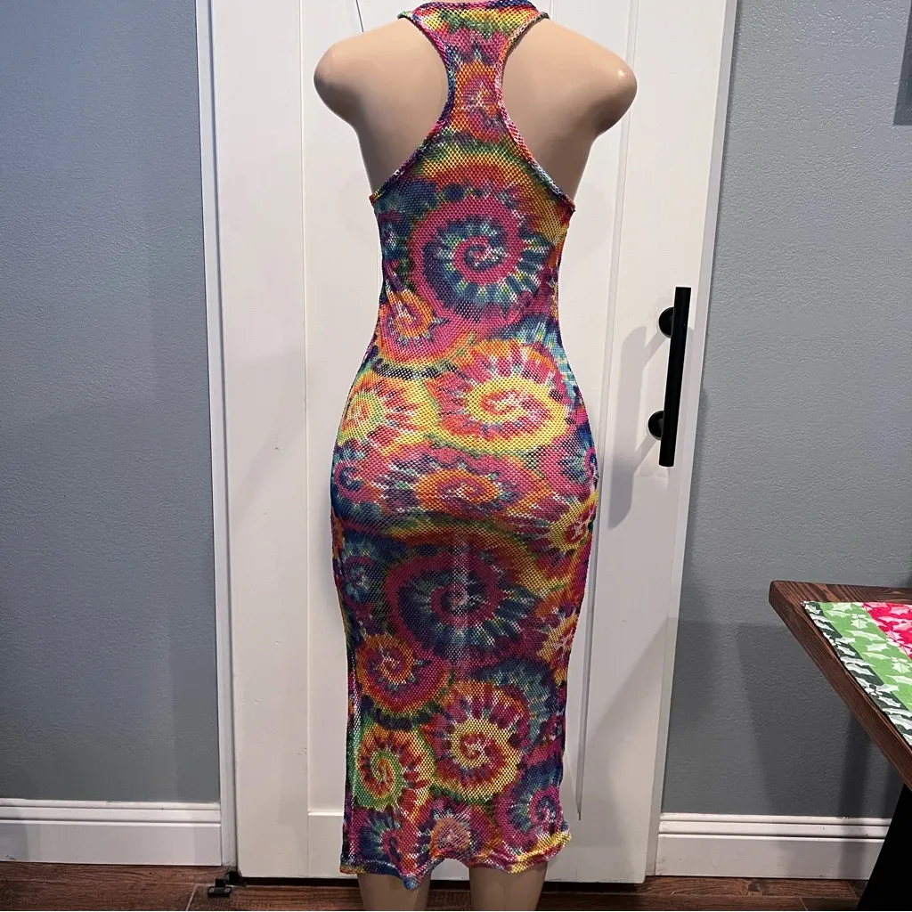 NYC women’s L mesh swim coverup Multicolor Knit Fabric Tye dye side slit Red Size L - Image 11