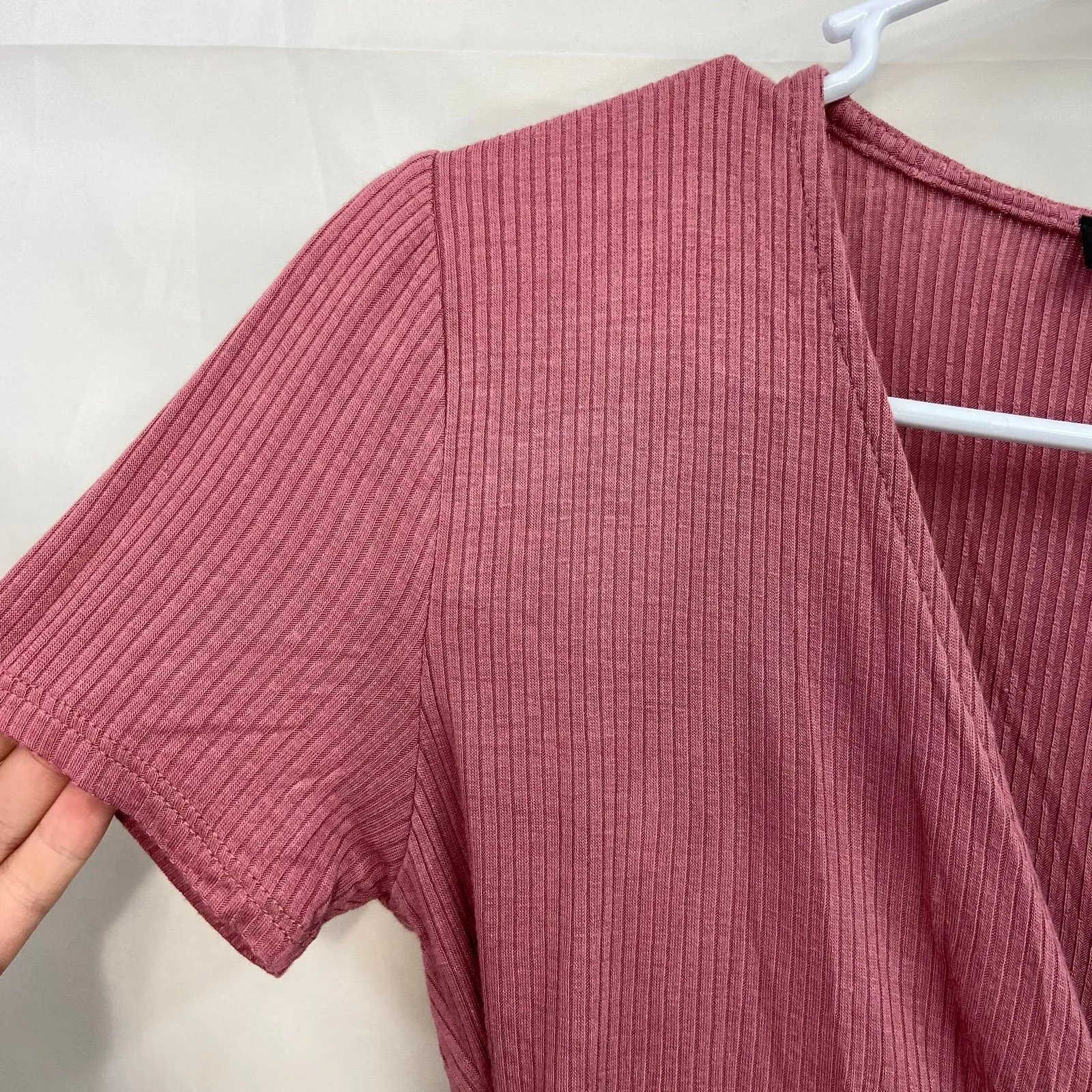 Lulus women's mauve‎ pink try me out ribbed tie wrap stretch v-neck top XS - Image 2