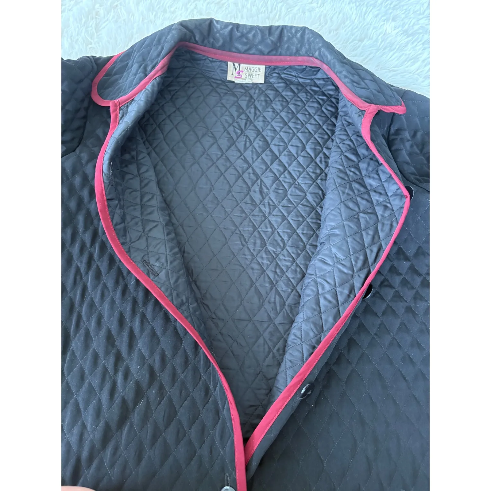 Maggie‎ Sweet Vintage Quilted Jacket Black 1X Red Trim Button Up Made IN USA - Image 7