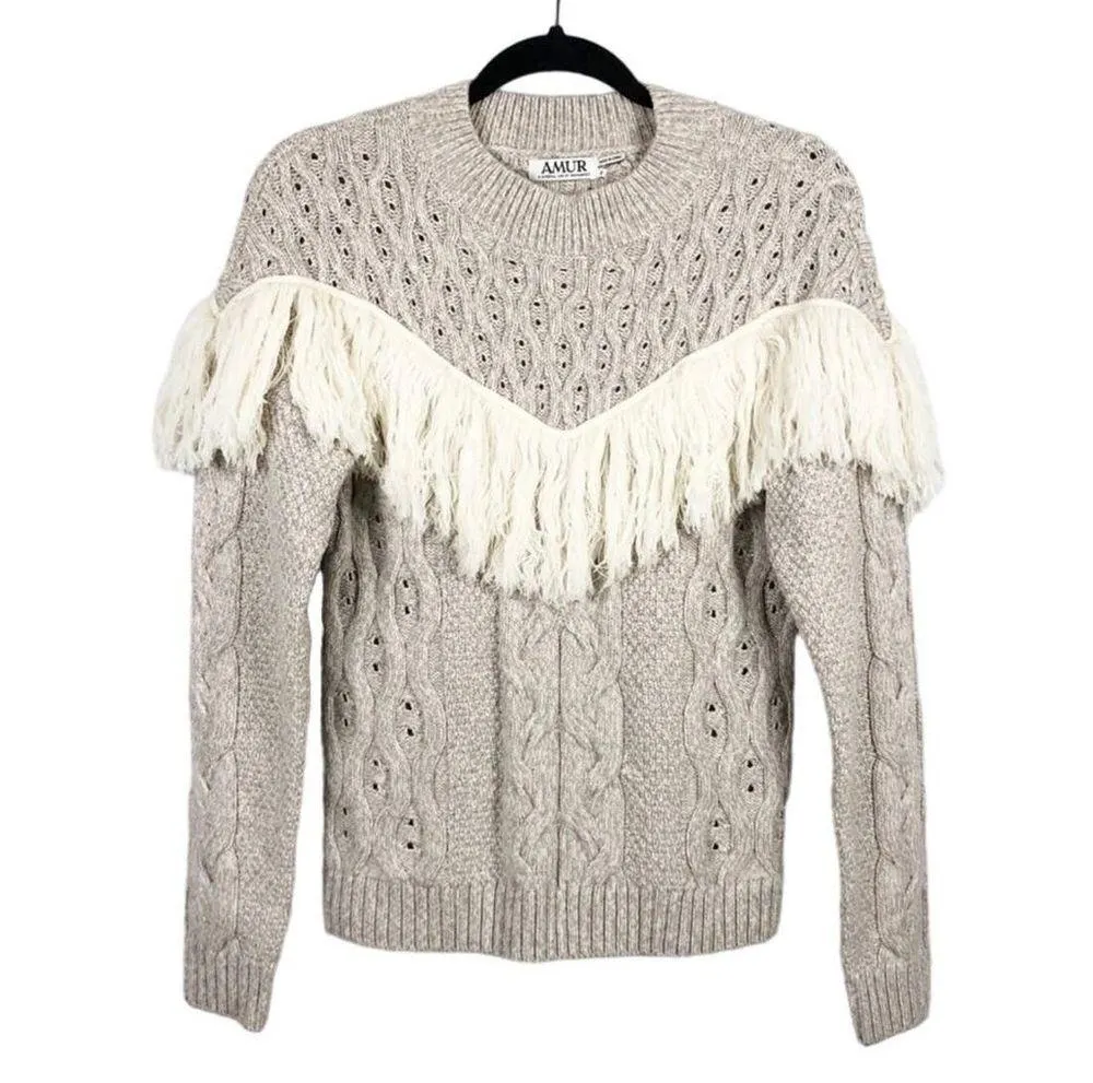 Amur Ulla Women's Size Large White Fringe Tan Cable Knit Wool Sweater - Image 2