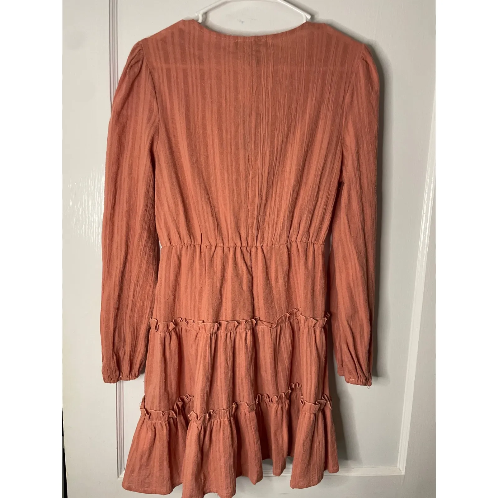 SBETRO Women's Ruffled Mini‎ Dress Long Sleeve V Neck Small Coral New with Tags Orange - Image 3