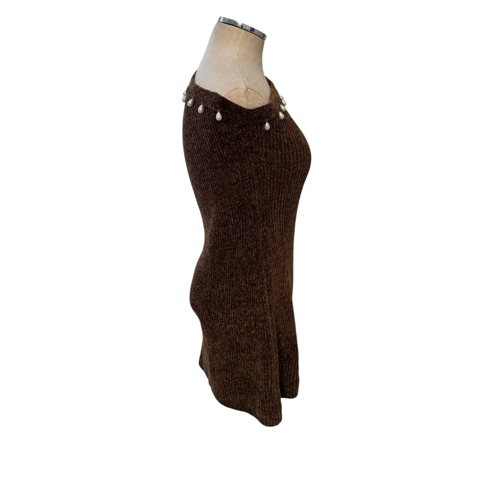 Staud Lindsey Dress Mocha off shoulder long sleeve dress pearl beaded collar NWT - Image 9