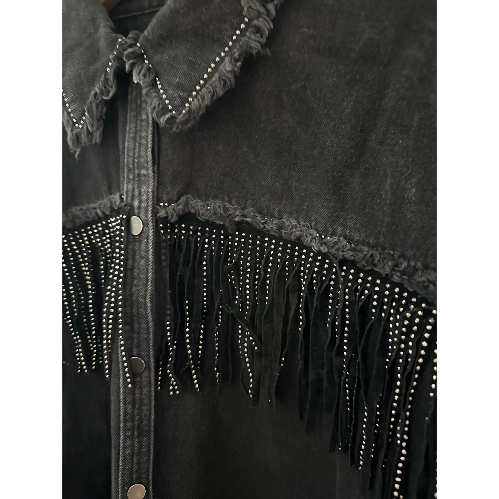 Zara Rhinestone Fringe Studded Jean Jacket‎  Black Size Medium - Image 11