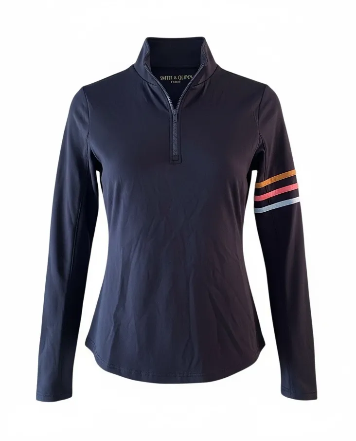 Smith & Quinn Ava 1/4 Zip Pullover Navy 70's Stripe Preppy Athletic Top Size XS Black - Image 1