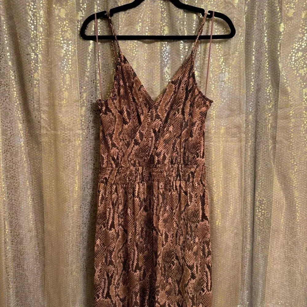 Express Brown Tan Snakeskin Print Belted Wrap Stretchy Jumpsuit Large - Image 2
